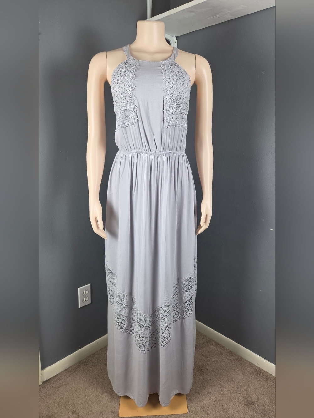 Doe & Rae Light Gray Crochet Halter Maxi Dress